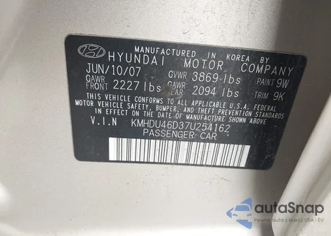 2007 Hyundai Elantra Gls/Limited/Se from USA, damaged, VIN KMHDU46D37U254162